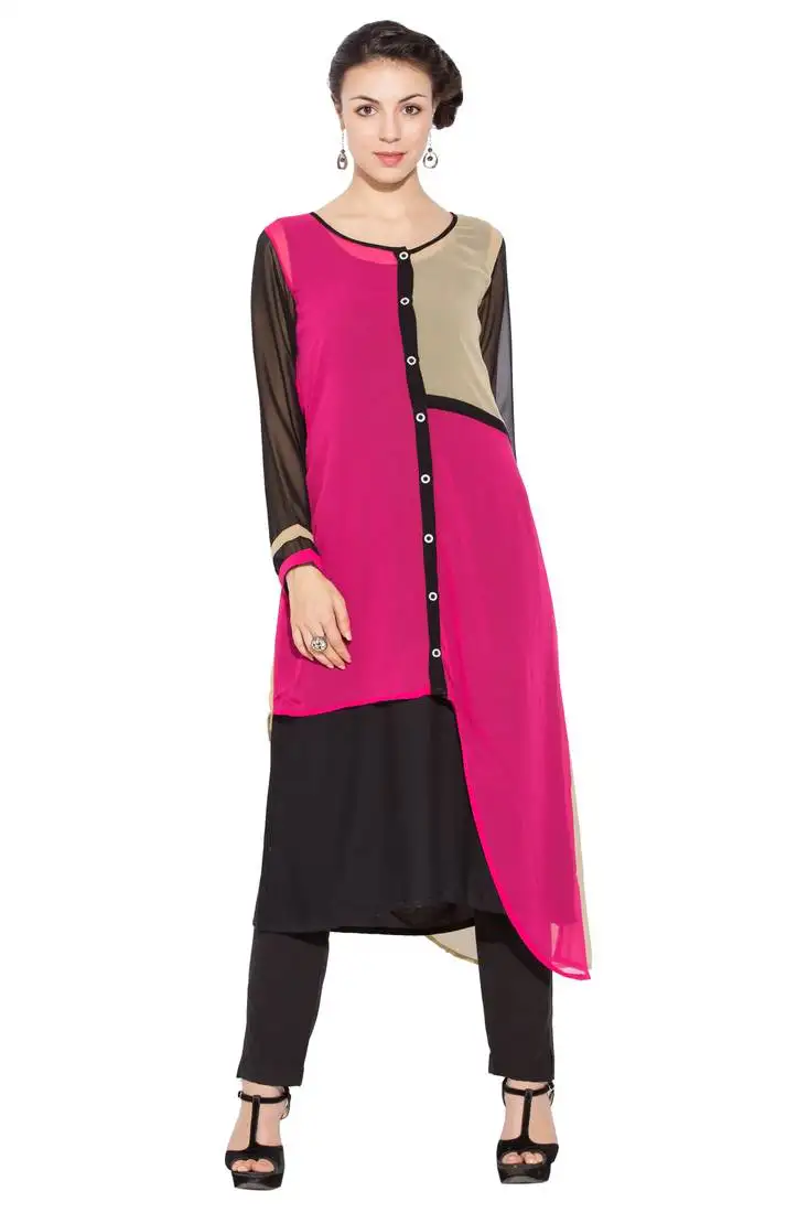 Pink woven georgette party wear kurti