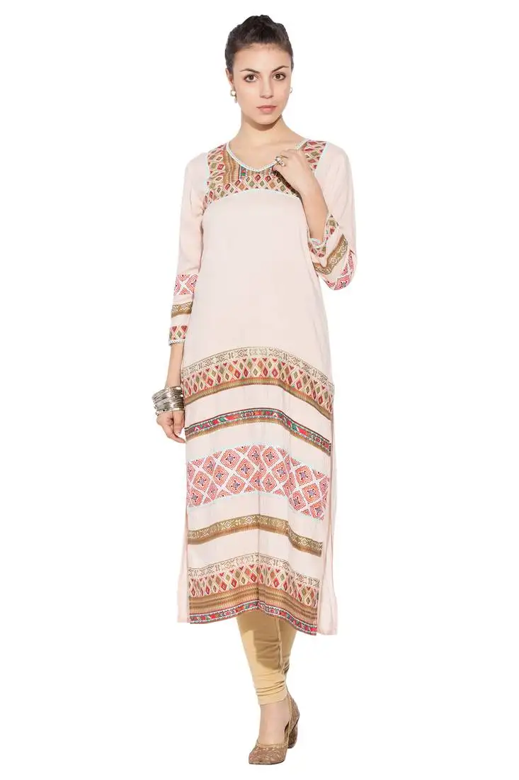 Beige embroidered cotton party wear kurti