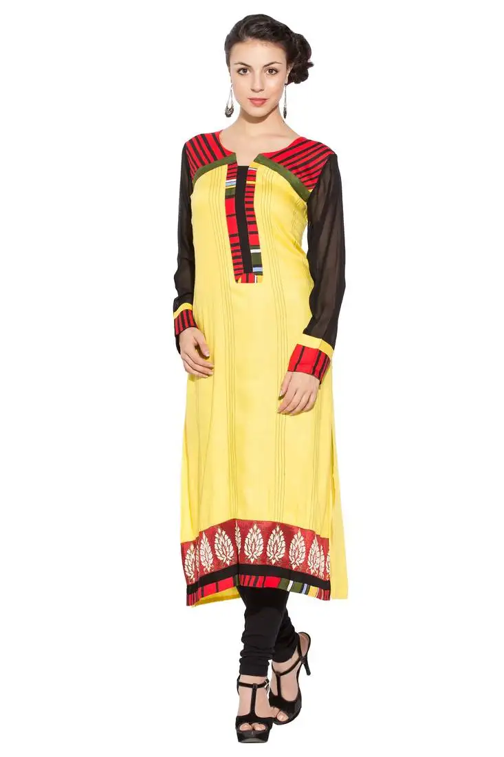 Yellow embroidered cotton party wear kurti