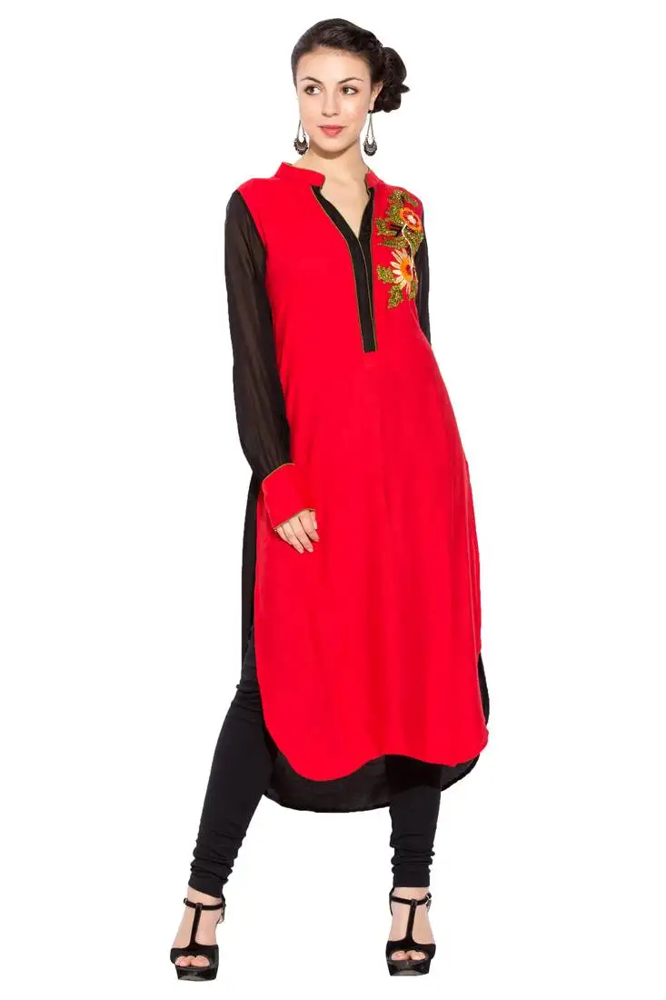 Red embroidered cotton party wear kurti