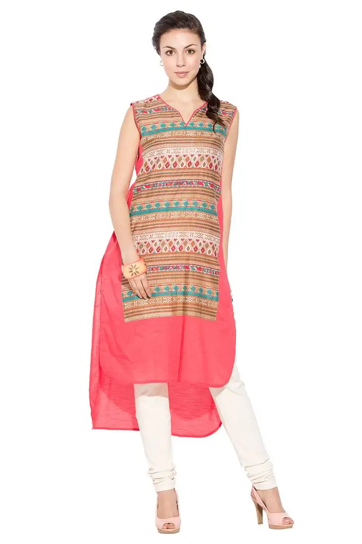 Peach printed cotton party wear kurti