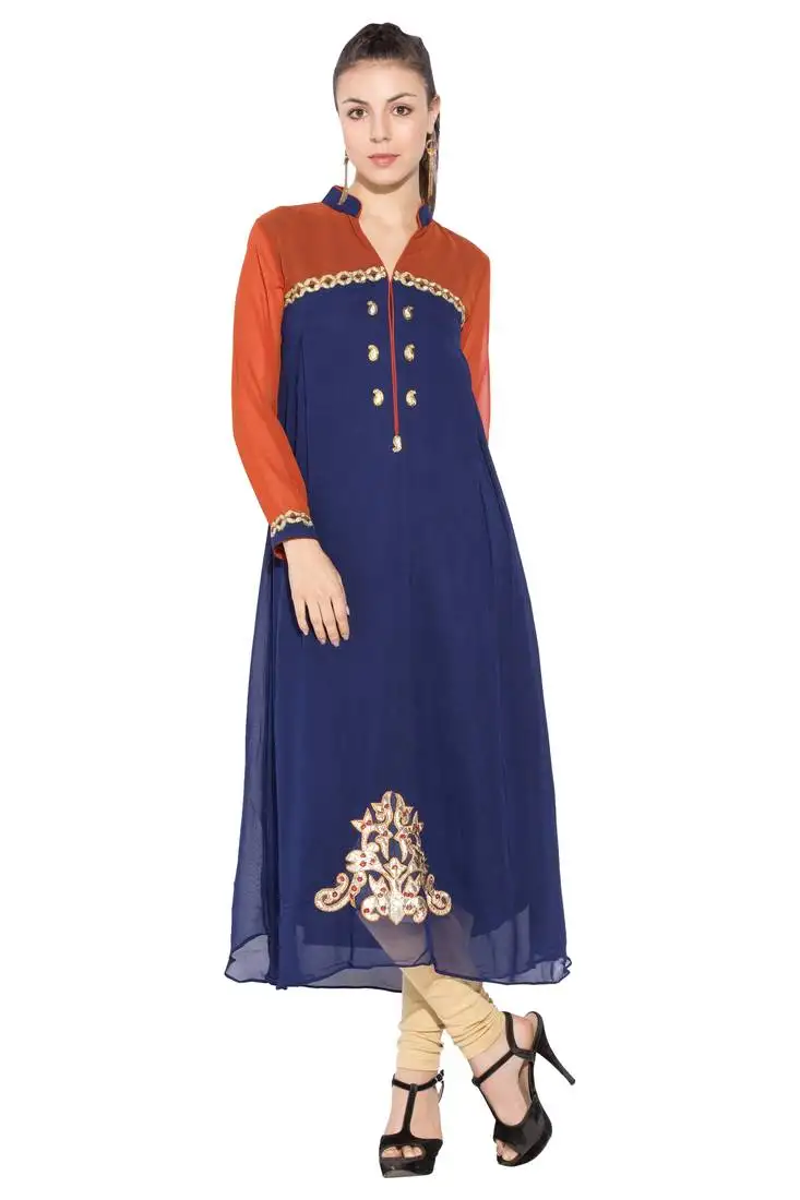 Navy blue embroidered georgette party wear kurti