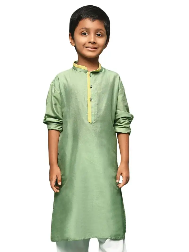 Green silk blend plain kurta for kids