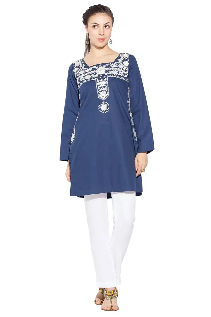 Dark blue embroidered cotton party wear kurti