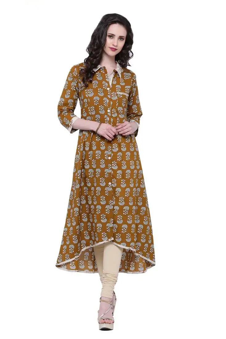 Brown printed cotton ethnic-kurtis