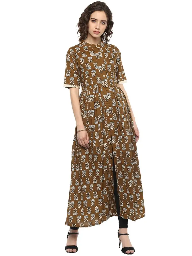 Brown printed cotton long-kurtis