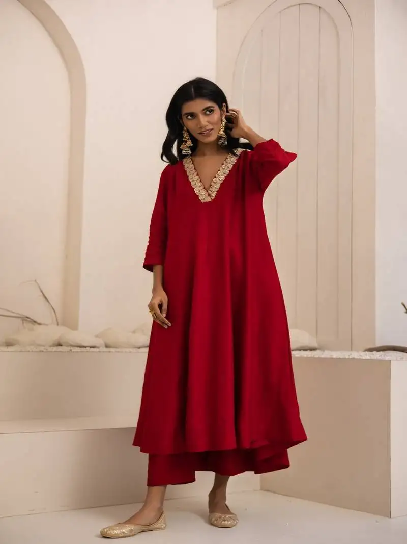 Red plain dola silk anarkali set with neckline embroidery