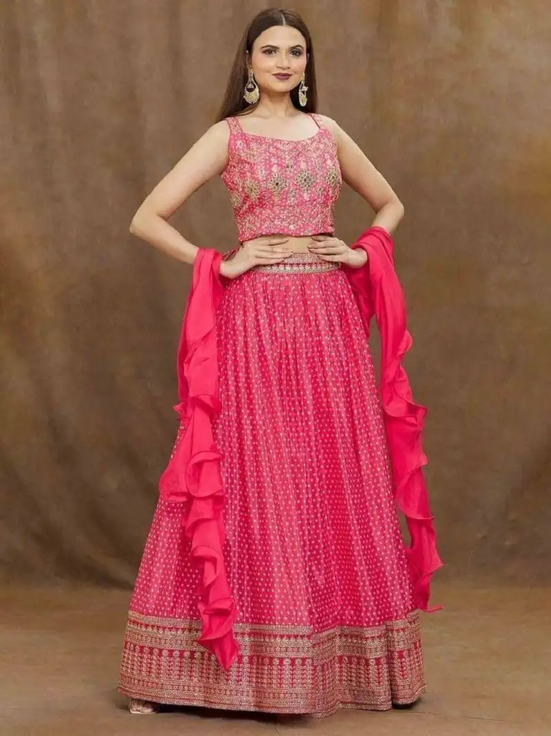 Delightful pink digital printed and heavy embroidery with savorski chinon wedding & party wear lehenga choli