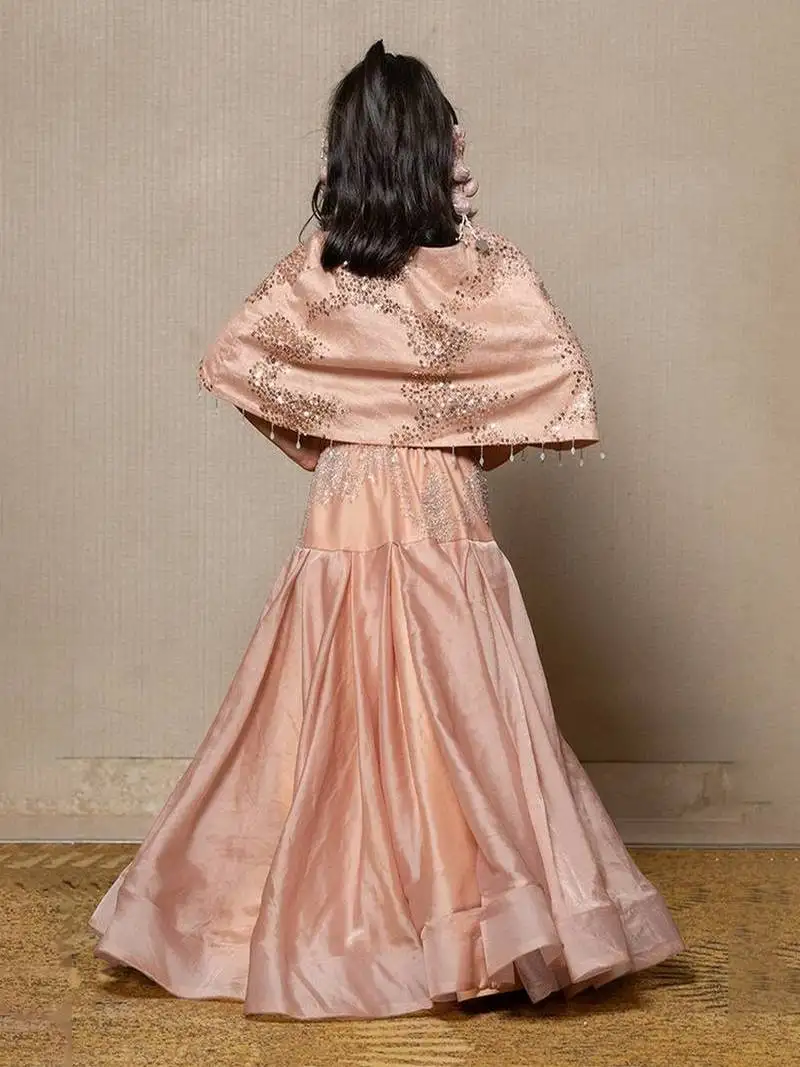 Beige embroidered organza lehenga