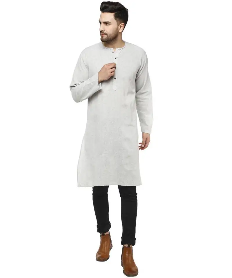 Grey plain cotton kurta long