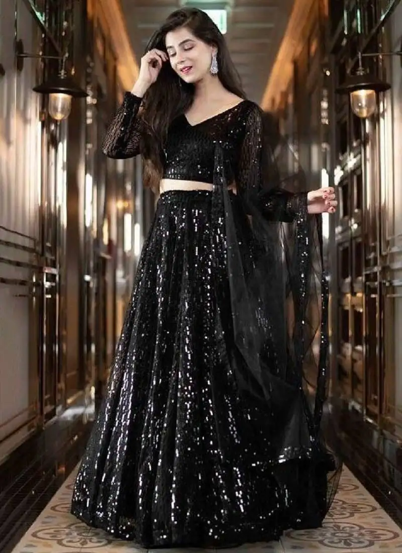 Black sequins heavy net party wear lehenga choli with dupatta