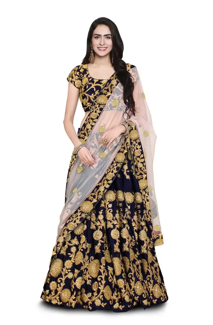 Figurative navy blue dori zari and sequins embroidered semi velvet edding designer lehenga choli