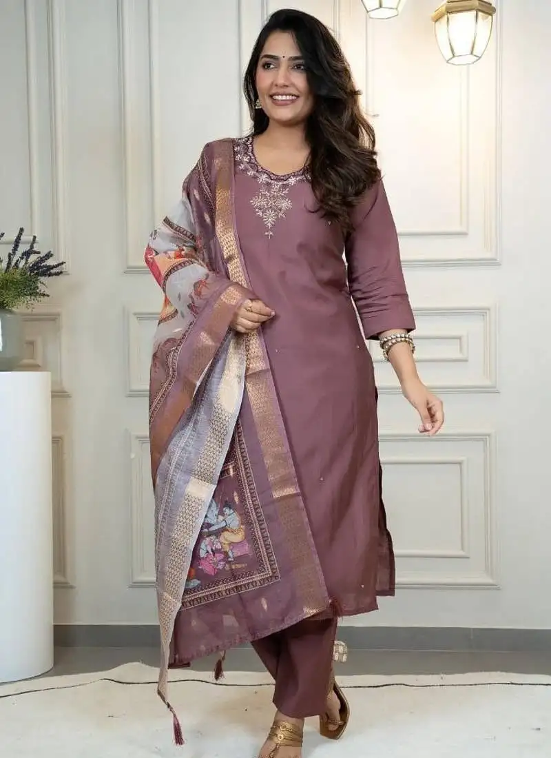 Chocolate colour premium roman silk hand work a line kurta set stitched