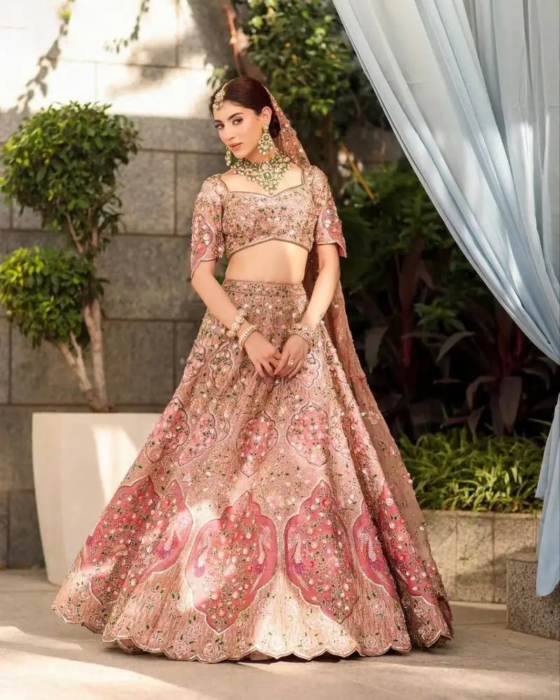 Designer slub silk embroidered peach pink elegance lehenga choli with dupatta