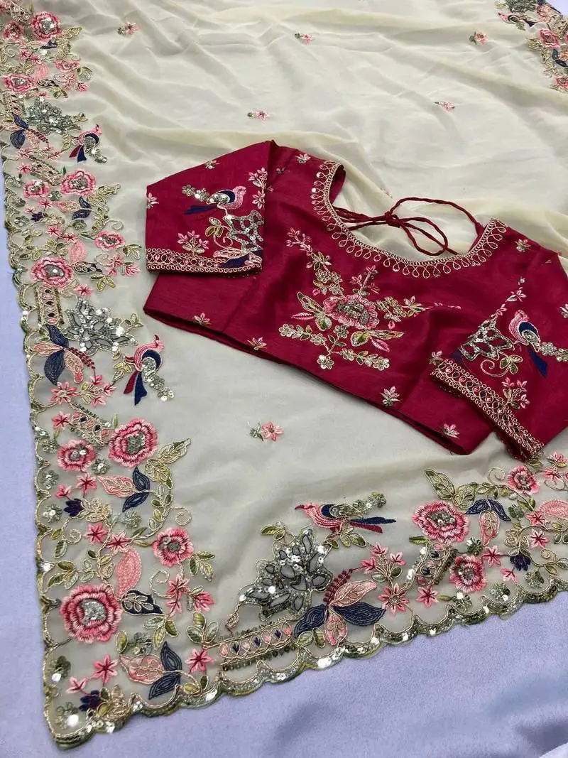 Off white party wear georget embroidered saree