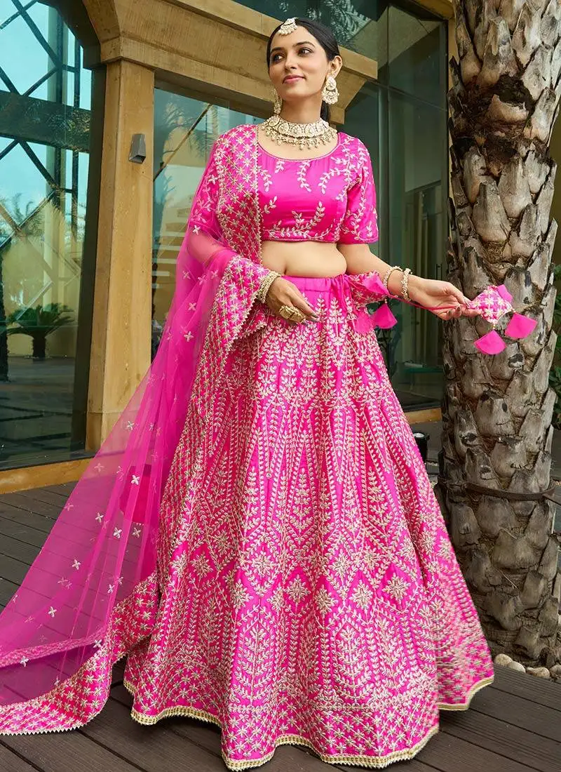 Rani pink chapat zari and dori embroidered malai satin silk indian wedding lehenga dress