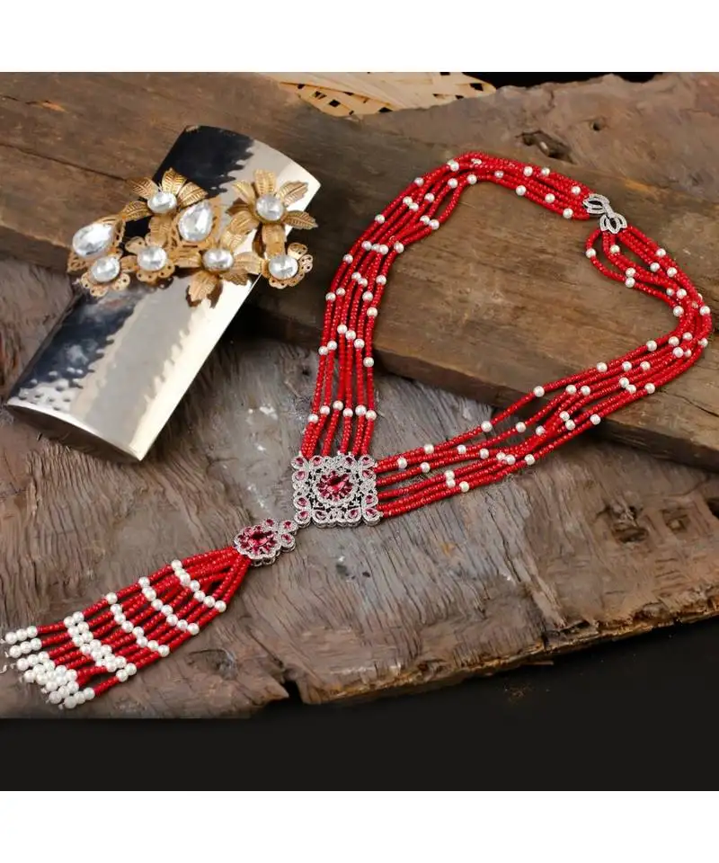 Red stylish unique classy crystal pearl combination diamond pendant