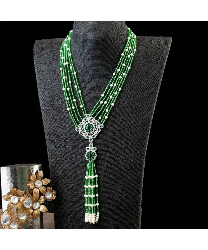 Green stylish unique classy crystal pearl combination diamond pendant