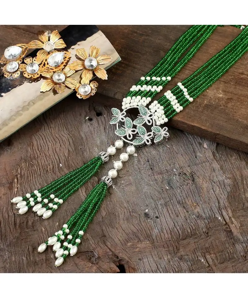 Beautiful stylish green crystal pearl necklace with cute butterfly broach