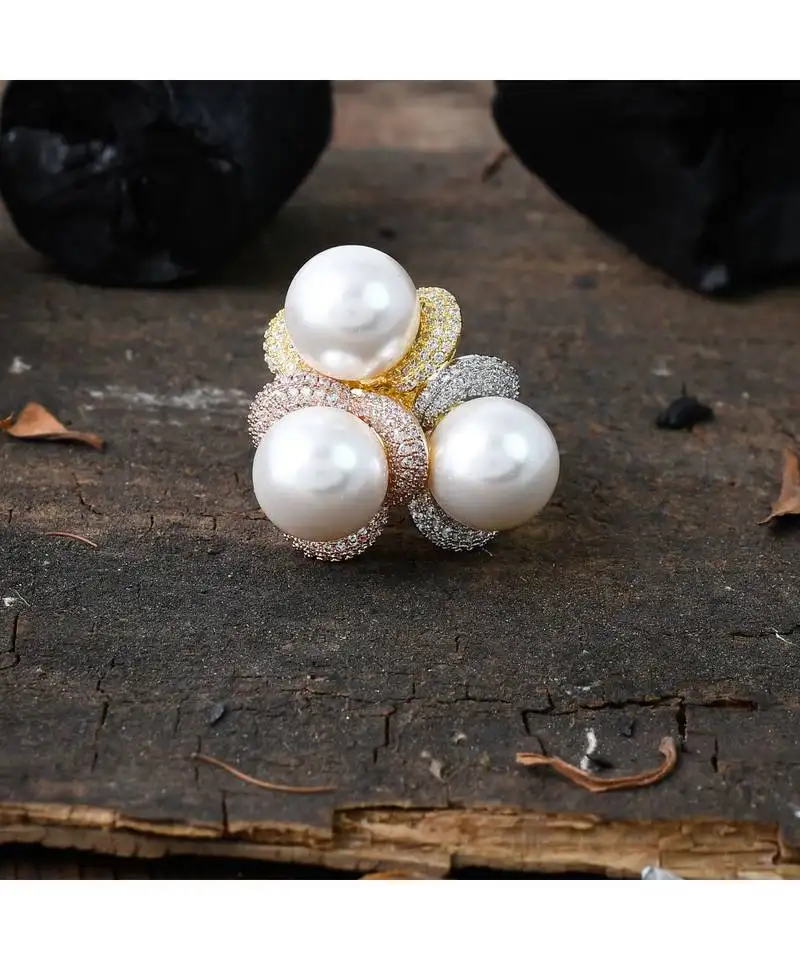 Golden silver designer diamond pearl ring