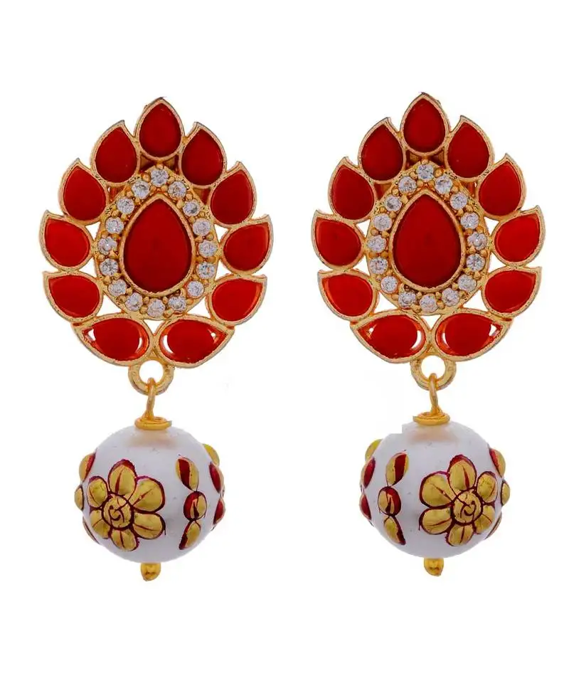 Orange golden cute tanjore art pearl drop earring