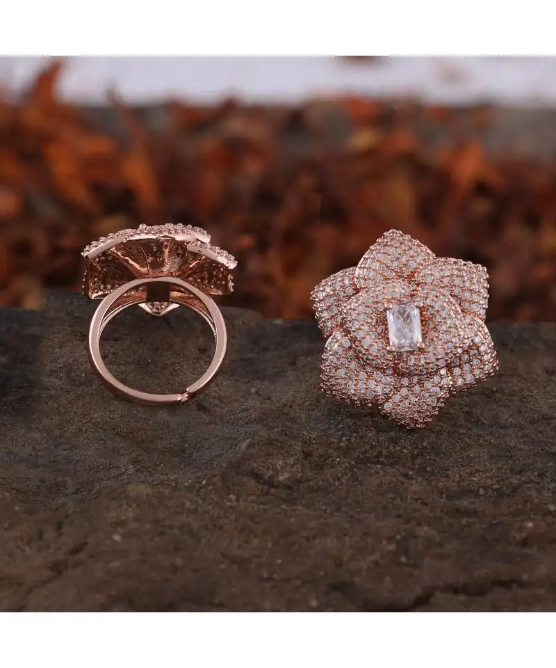 Rose gold flower design smart look beautiful designer cubic zirconia ring