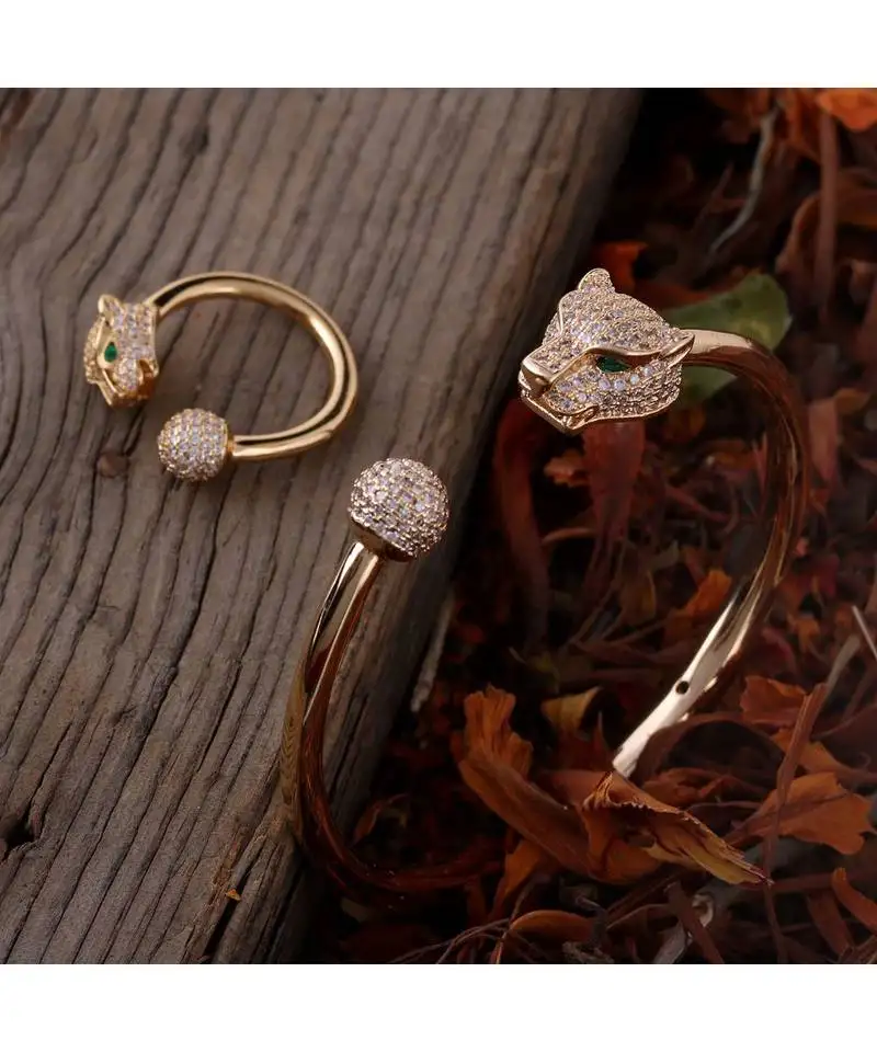 Cubic zirconia golden tiger design bracelet ring combo