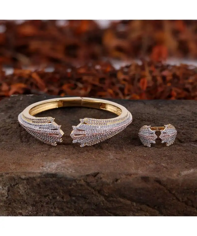 Cubic zirconia golden silver rose gold three in one bracelet ring combo