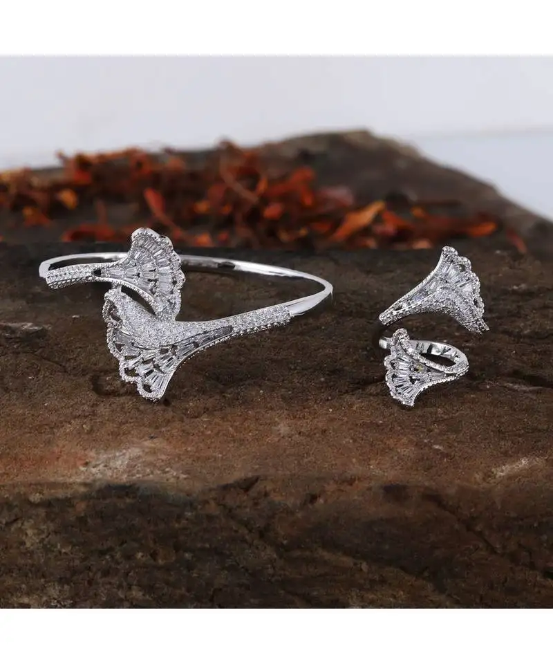 Delicate cubic zirconia silver designer bracelet ring combo