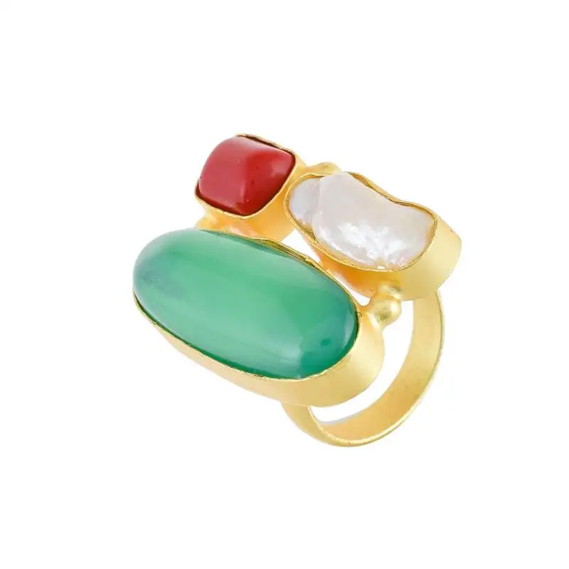 Red green white baroque pearl coral emerald three in one ring
