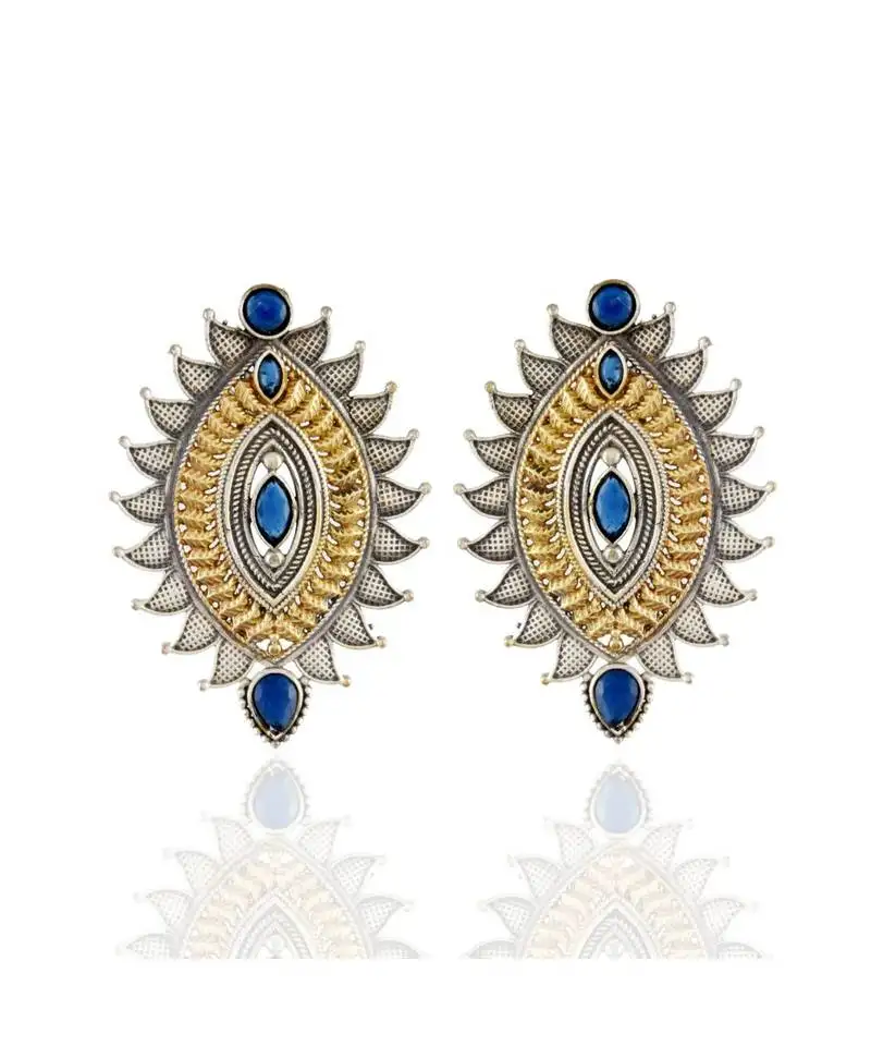 Blue silver golden leaf pattern designer oxidised earring