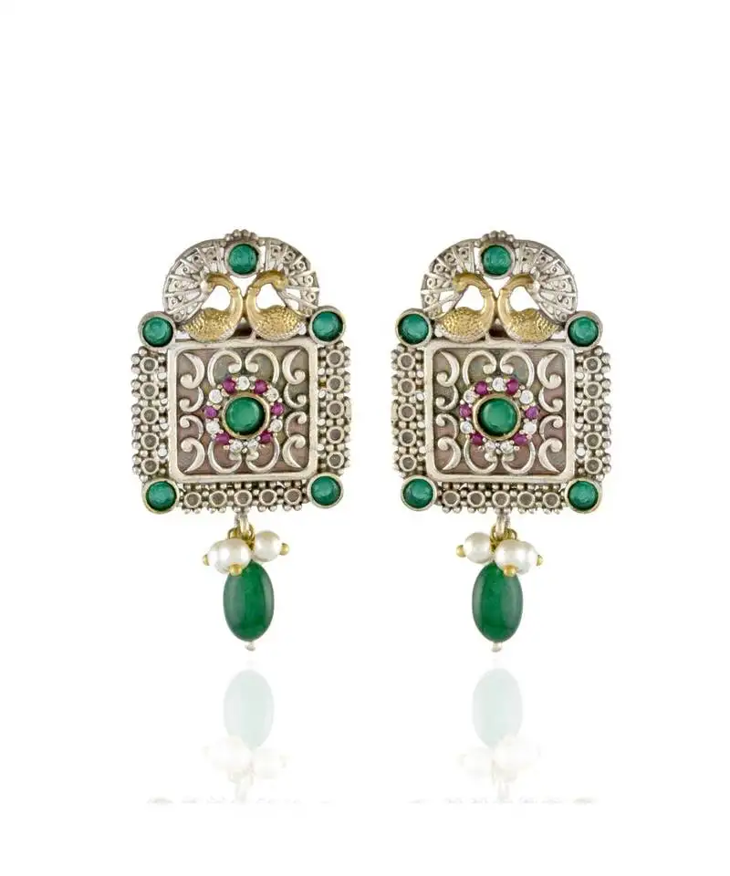 Green cute delicate oxidised peacock design earring