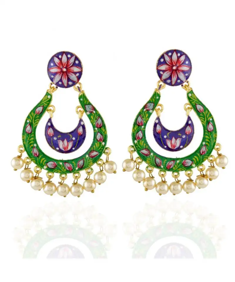 Green purple enamel work beautiful lotus painting earring