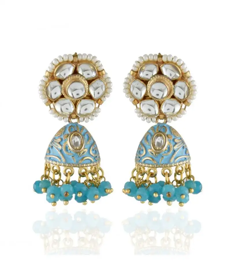 Torquoise golden cute small kundan jhumki