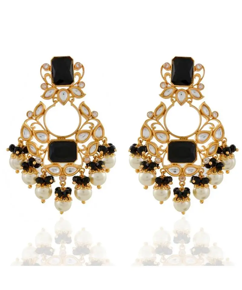 Black designer kundan earring with pearl drop