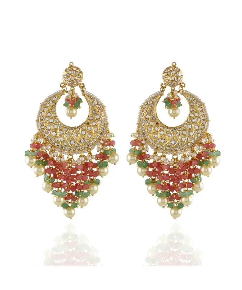 Beautiful heavy designer golden chand bali with precious beads hangings