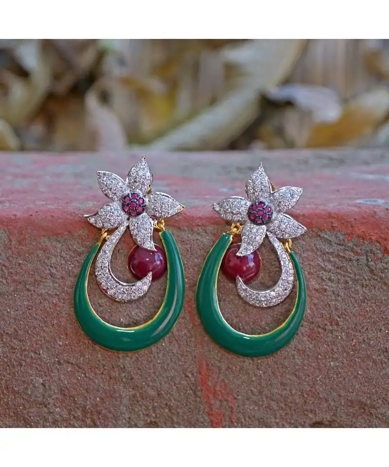 Green red diamond enamel work designer earring