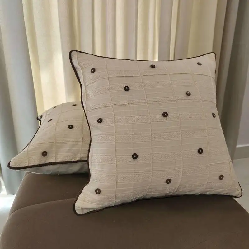Beige cotton cushion cover with button embellishments – 16x16 & 18x18
