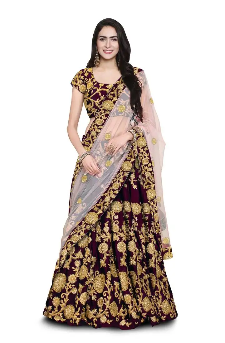 Hypnotizing purple dori zari and sequins embroidered semi velvet lehenga choli for bride