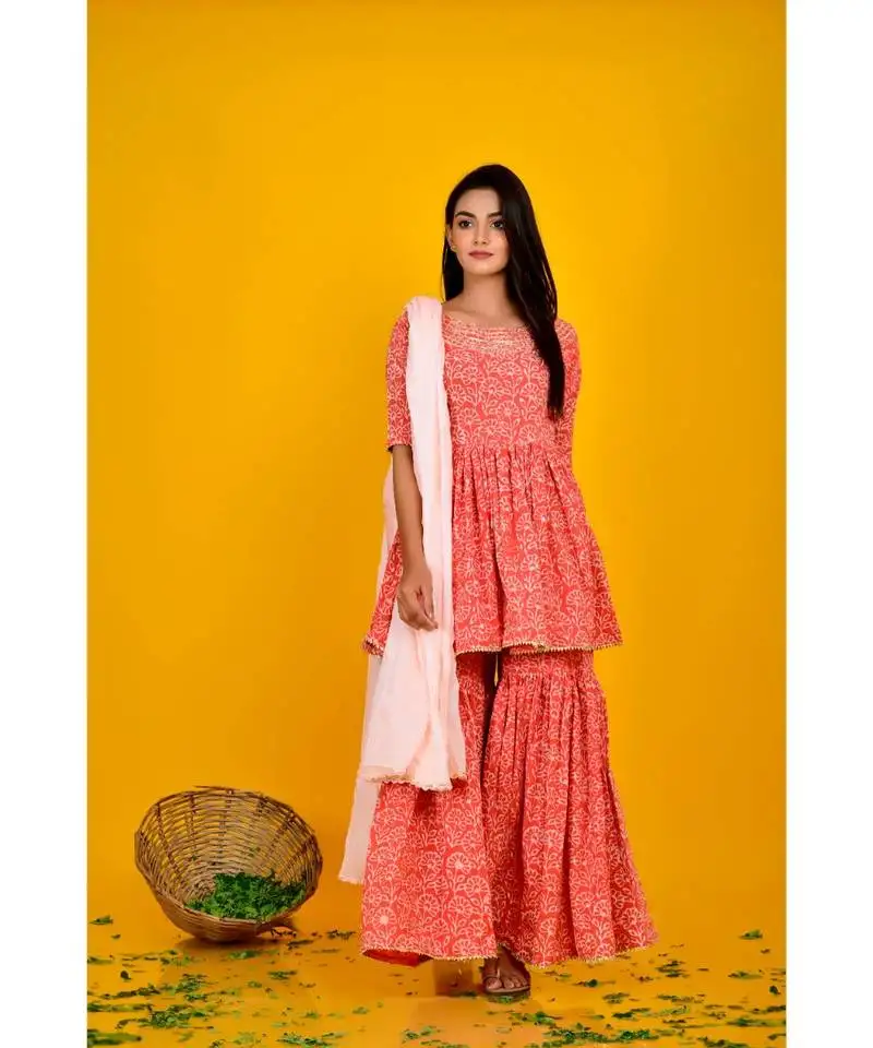 Orange cotton printed sharara set