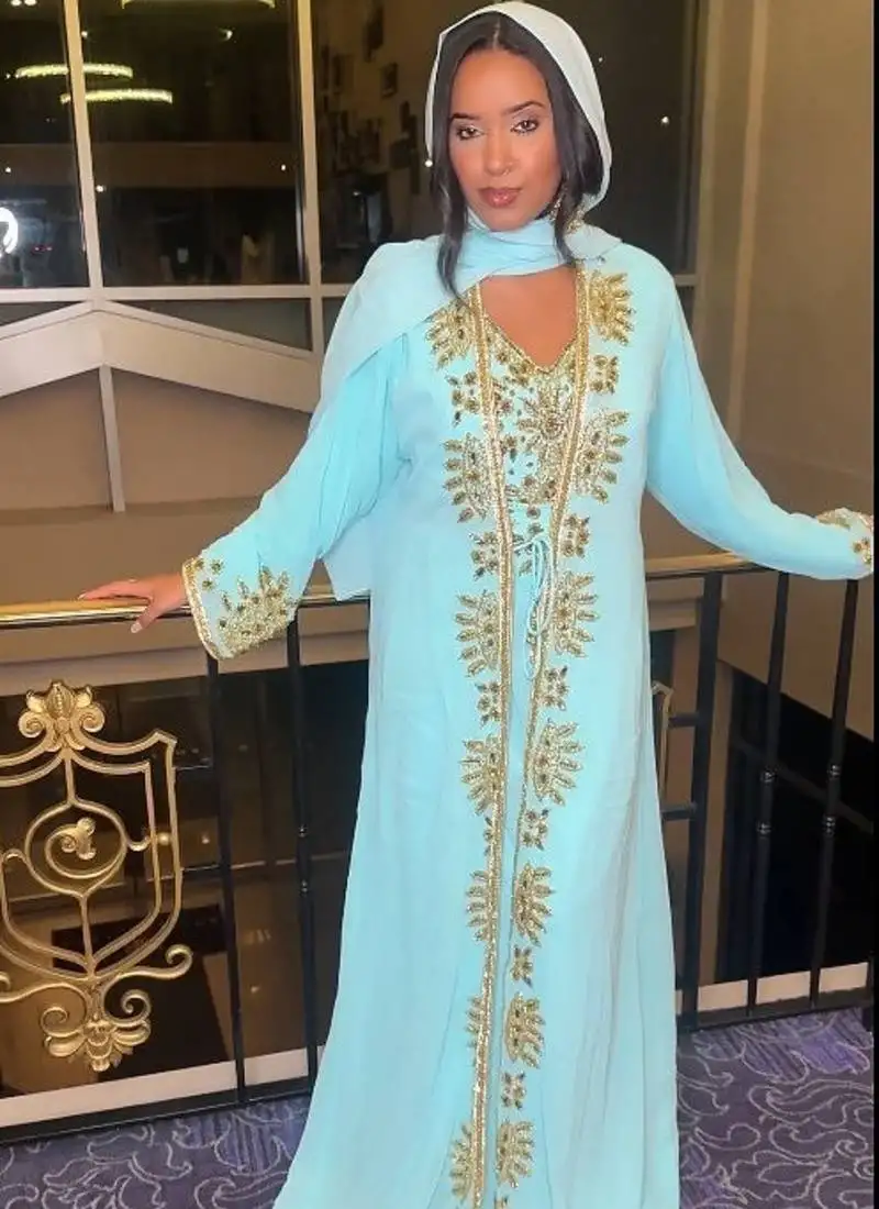 Sky-blue inner jacket handbeaded kaftan for women