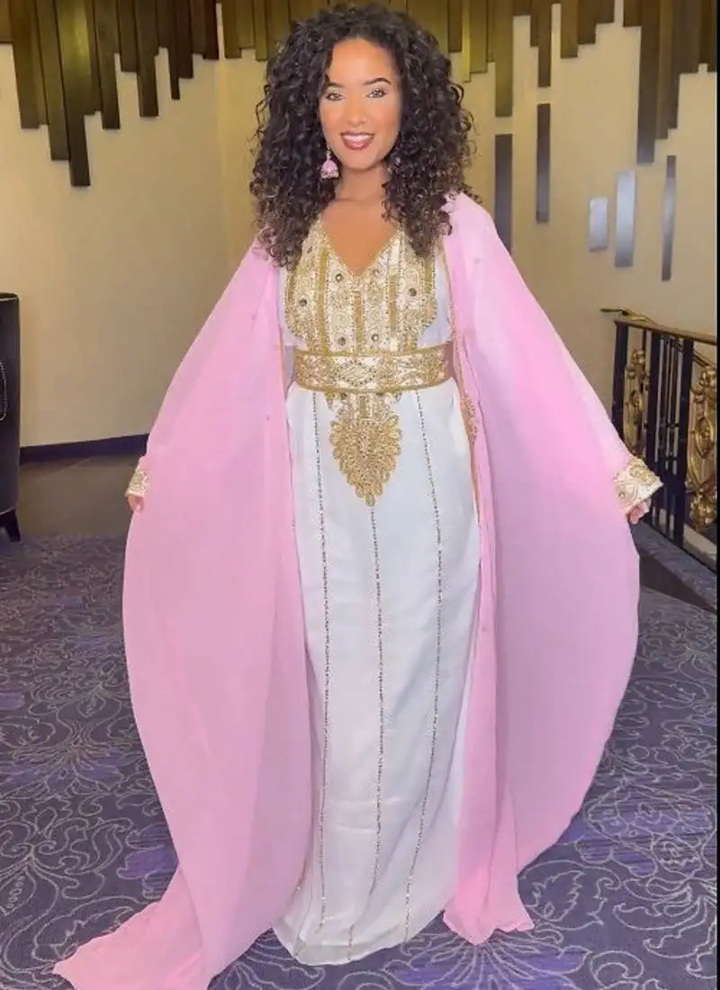 Pink-white inner jacket morrocan kaftan gold detailed work for women