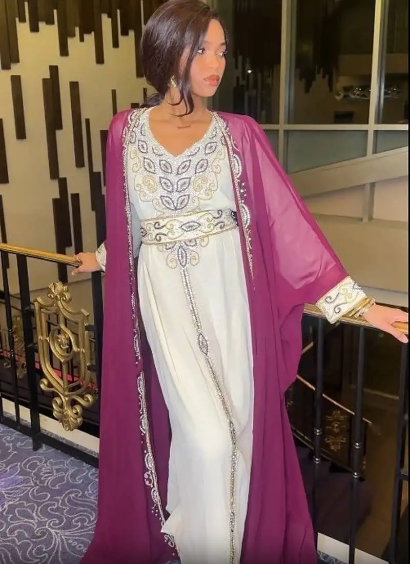 Purple-white inner jacket morrocan kaftan silver detailed work for women