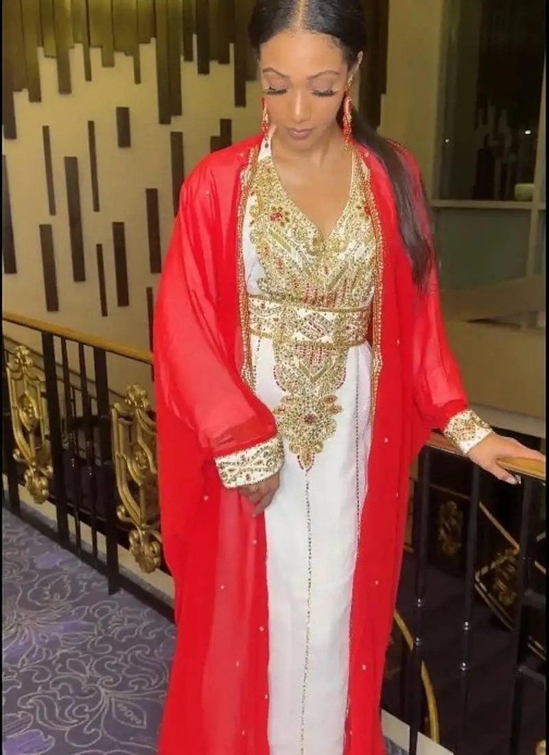 Red-white inner jacket morrocan kaftan silver detailed work for women