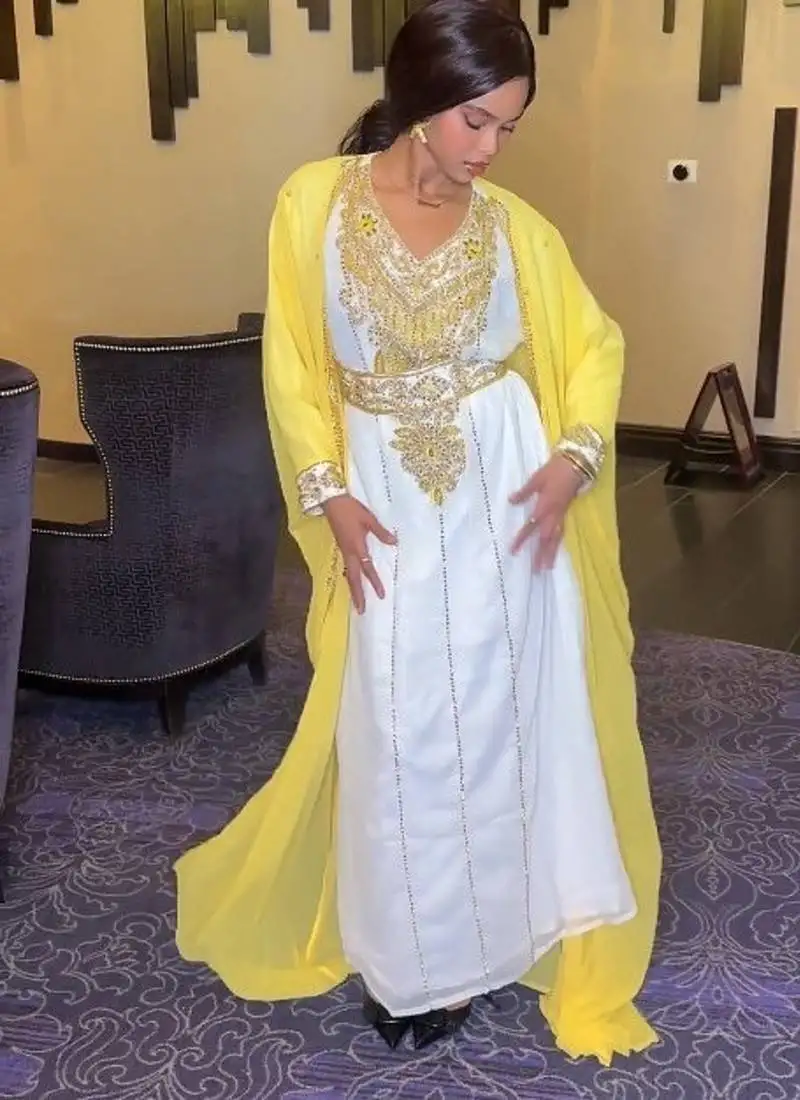 Yellow-white inner jacket morrocan kaftan silver detailed work for women