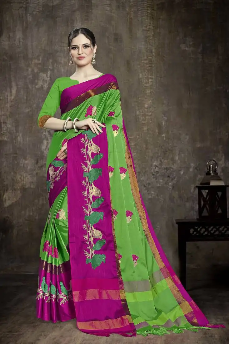 Green embroidered cottonSilk saree with blouse