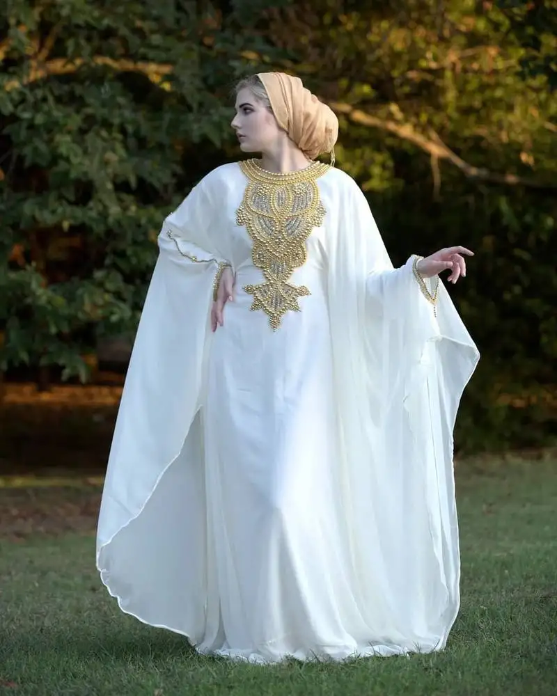 Sale!! new embellished silver & gold beaded stone moroccan floweriness dubai georgette kaftan takshita var